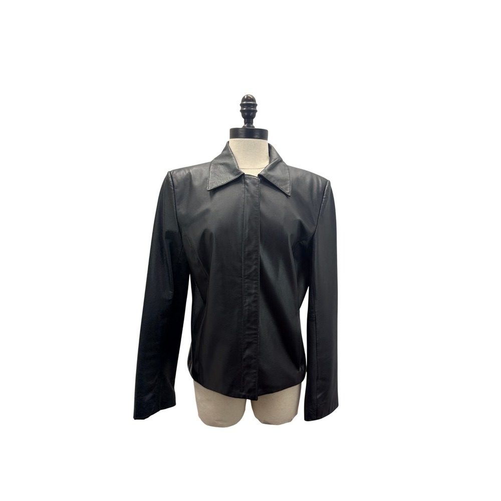 Clio Black Leather Jacket Women's Size 8 Excellent Hidden Button Front